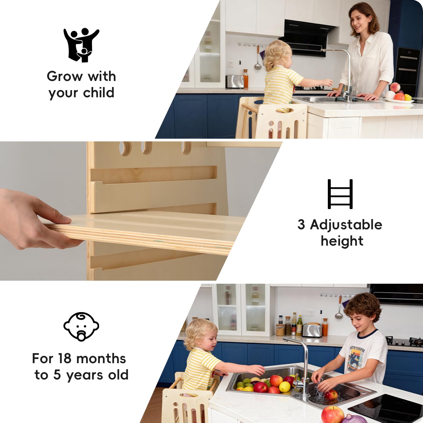 Toddler Tower,Height-Adjustable Step Stool with Sliding Safety Door,Easy to Adjust Height,Suitable for Kids from 18 Months to 5 Years Old,Anti-tilt Kitchen Step Stool with Safety Feet-Natural