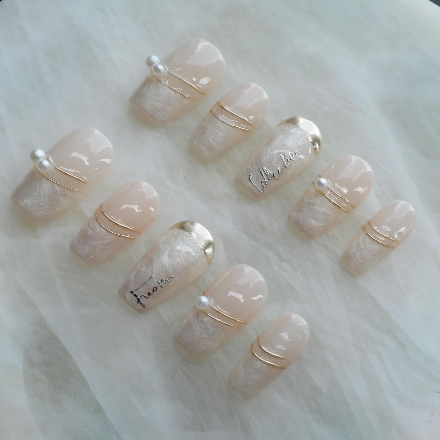 [GLORS] Purly Handmade Medium Ballerina Press on Nails | Luxurious Gold Pearl Fake False Nails, 10 Pieces (Small, MB)