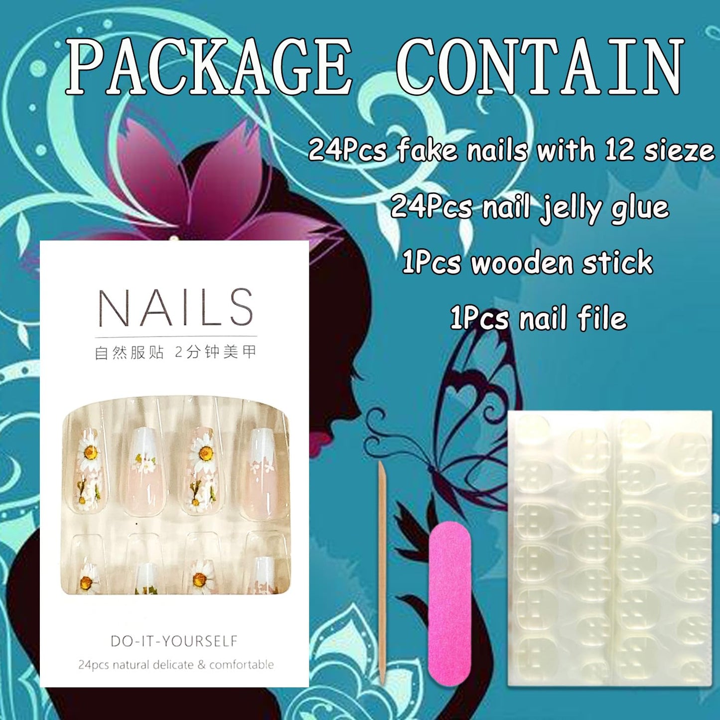 EYZOTSF Press on Nails Medium Square Shaped Acrylic Medium Square Shaped False Nails with Designs Artificial Short Coffin Fake Nails with Charms Glue ons Fingernails for Women Girls(CY1044)