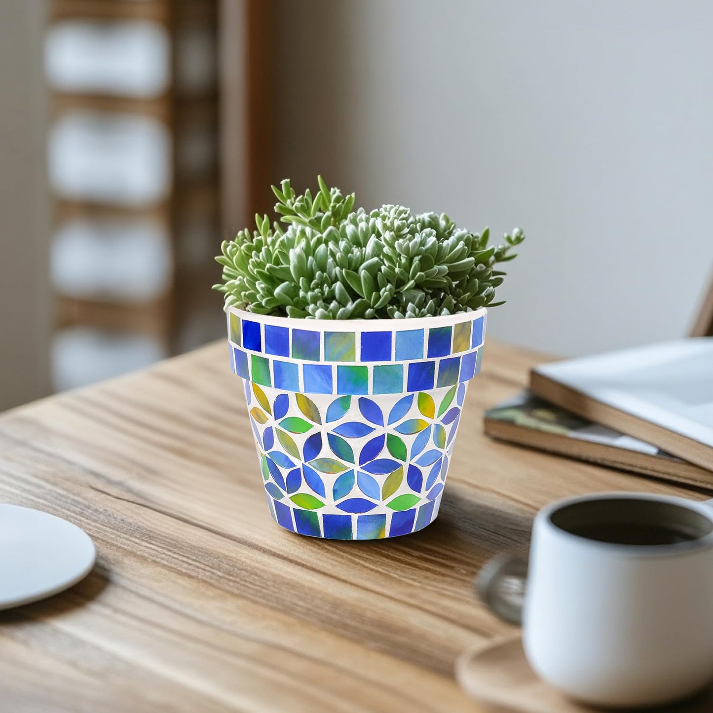 Chonsun Small Mosaic Plant Pot Flower Pots Ceramic Planter with Drainage Hole Small Ceramic Pot for Indoor Outdoor Plants Succulent Pots Blue with Flower Design