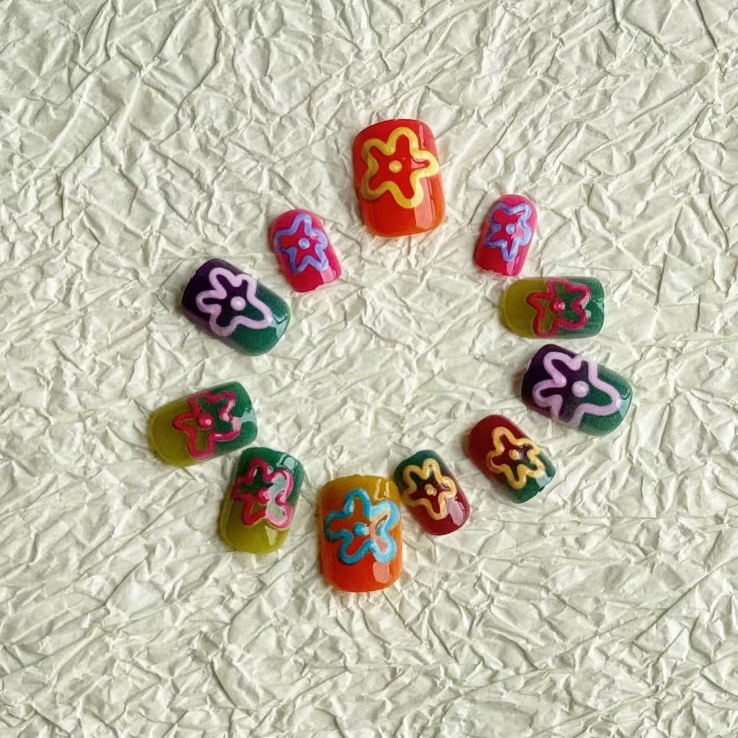24pcs Short Square Press on Nail Summer Fake Nails Colorful with 3D Flower designs Stick on Nail Full Cover Cute False Nails Reusable Gradient Pride Press ones Glue on Nails for Women Beach