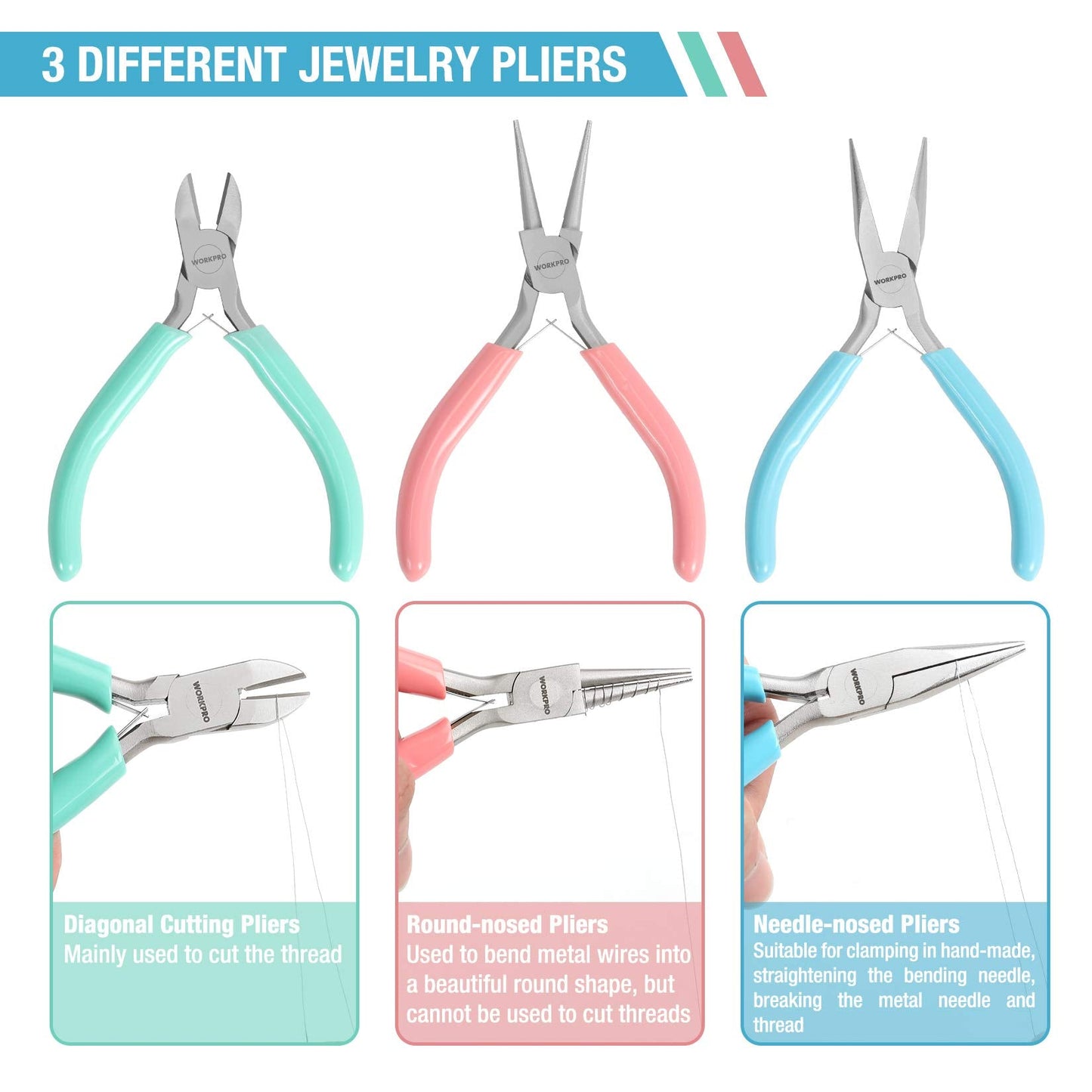 WORKPRO 5-Piece Jewelry Pliers Kit - Round Nose, Chain Nose, Wire Cutters, Pointed & Curved Tweezers, Case Included