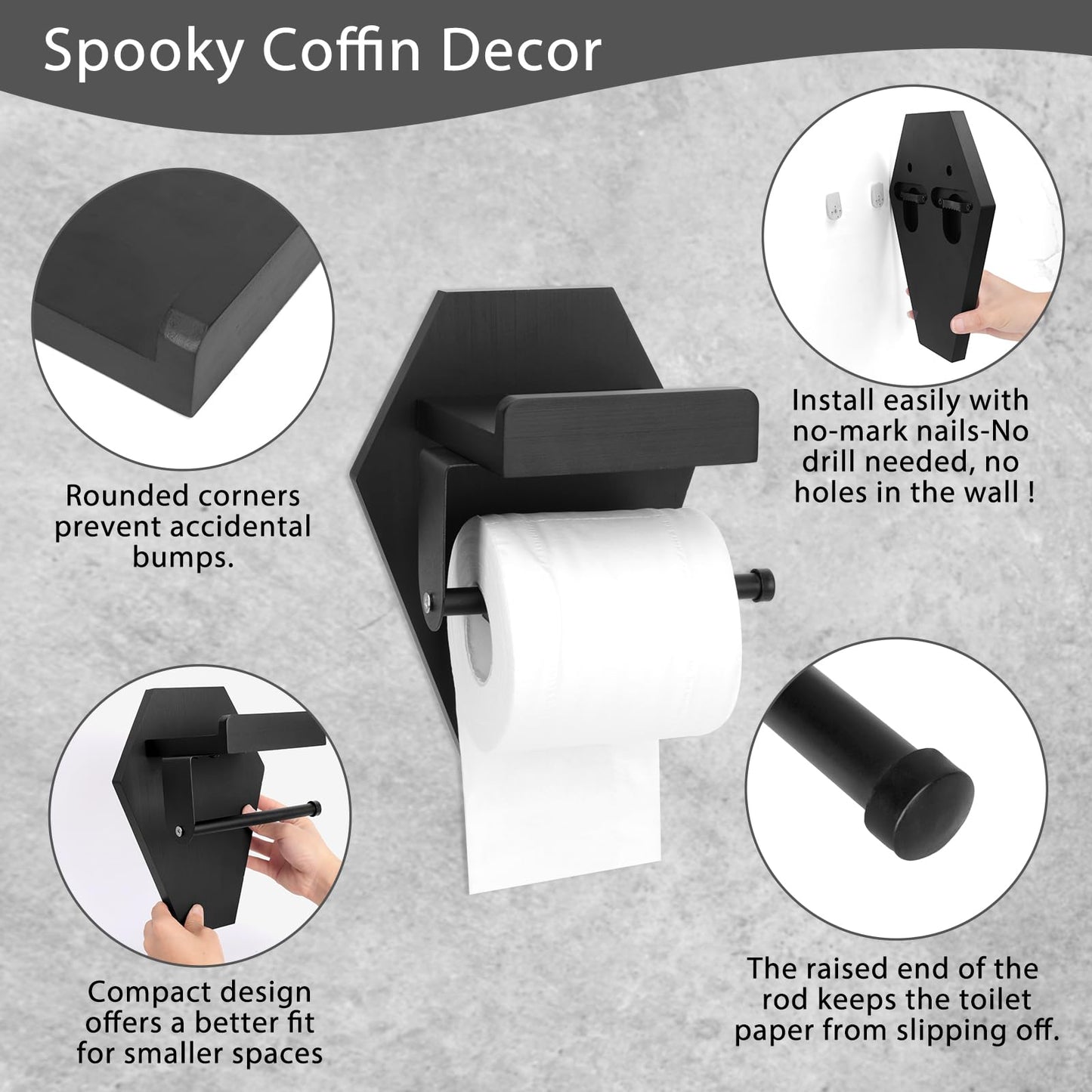 Goth Coffin Toilet Paper Holder with Phone Shelf - Black Wooden Gothic Holder, Funny Halloween Bathroom Decor, Spooky Gothic Coffin Decor, Ideal for Gothic Bathroom Decor (with Coffin Key Holder)