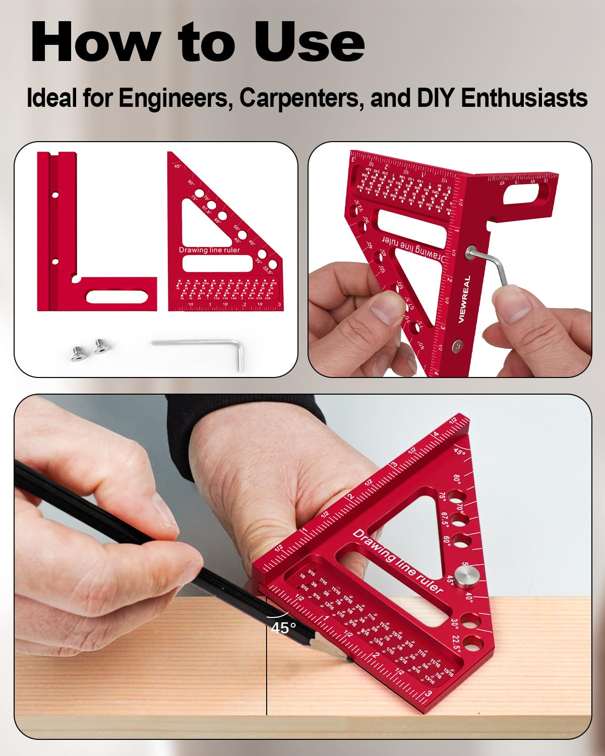 ViewReal Premium Carpenter Square Hole Scribing Ruler Woodworking Square 22.5-90 Degree Measuring Ruler with Angle Pin,Versatile Multi Angle Square for Woodworking, Engineering, and Construction