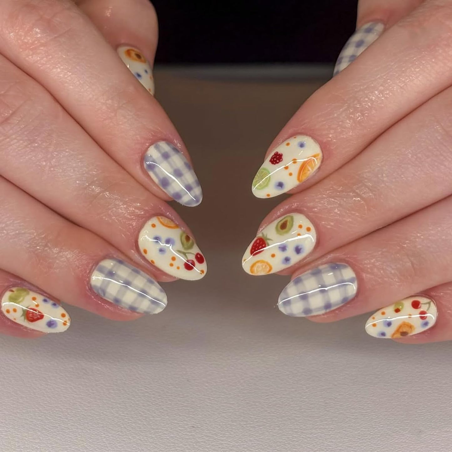 IMRAIN Almond Press on Nails Medium Fake Nails with Blue Plaid Designs Summer Cute Fruit Glossy Acrylic False Nails Full Cover Artificial Glue Stick on Nails for Women Girls