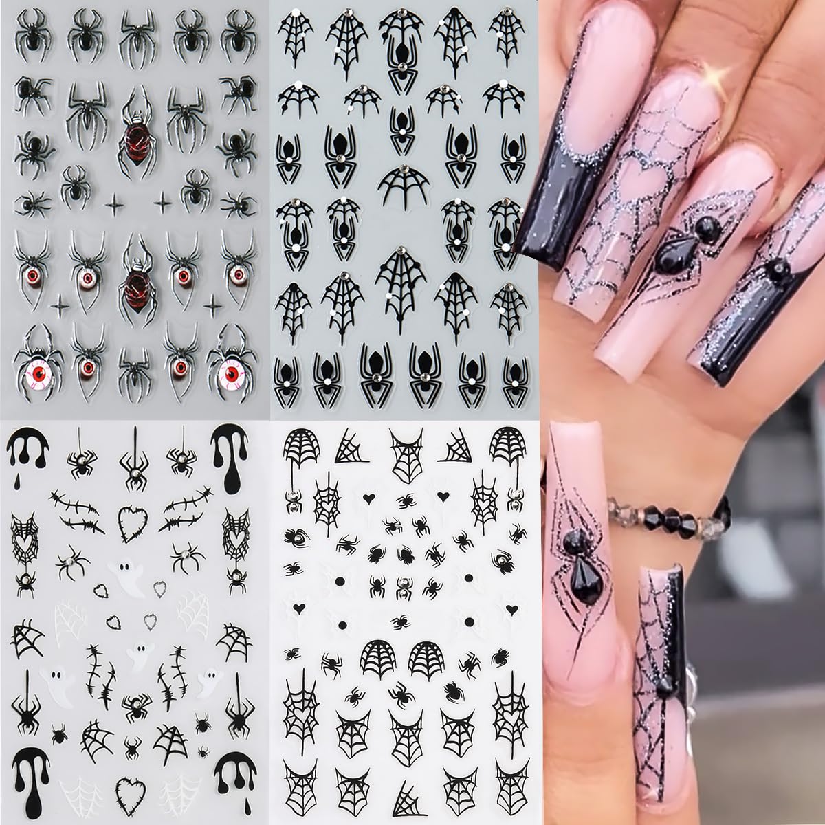 4 Sheets Halloween 5D Embossed Spider Nail Stickers for Nail Art Exquisite Glitter Rhinestones Nail Design Stickers Self-Adhesive Evil Eye Nail Decals Holiday Nail Art Decoration for Women DIY Set