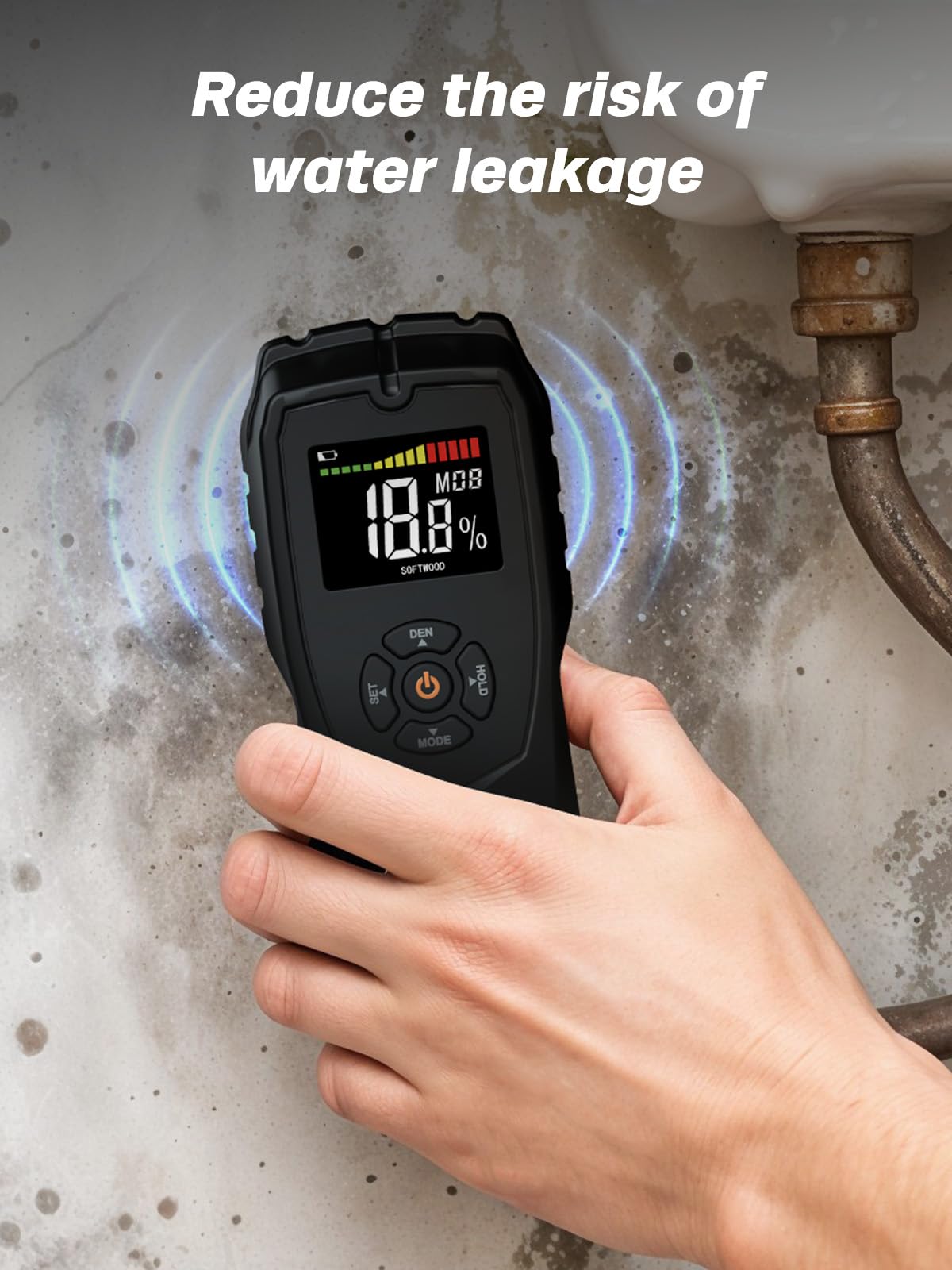 Moisture Meter Damp Meter Pinless Wood Moisture Meter for Walls Logs Firewood and Building Material, 4 Mode 9 Density Settings, Non-Destructive Moisture Detector with Backlit LCD and Alerts (Black)