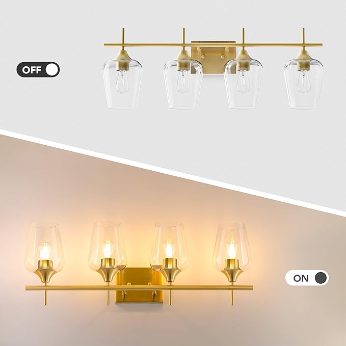 VONLUCE Bathroom Vanity Light, 4 Light Bathroom Light Fixture Over Mirror, Bathroom Wall Lamp with Clear Glass, Modern Gold Vanity Lighting fixtures for Bathroom, Bedroom, Hallway