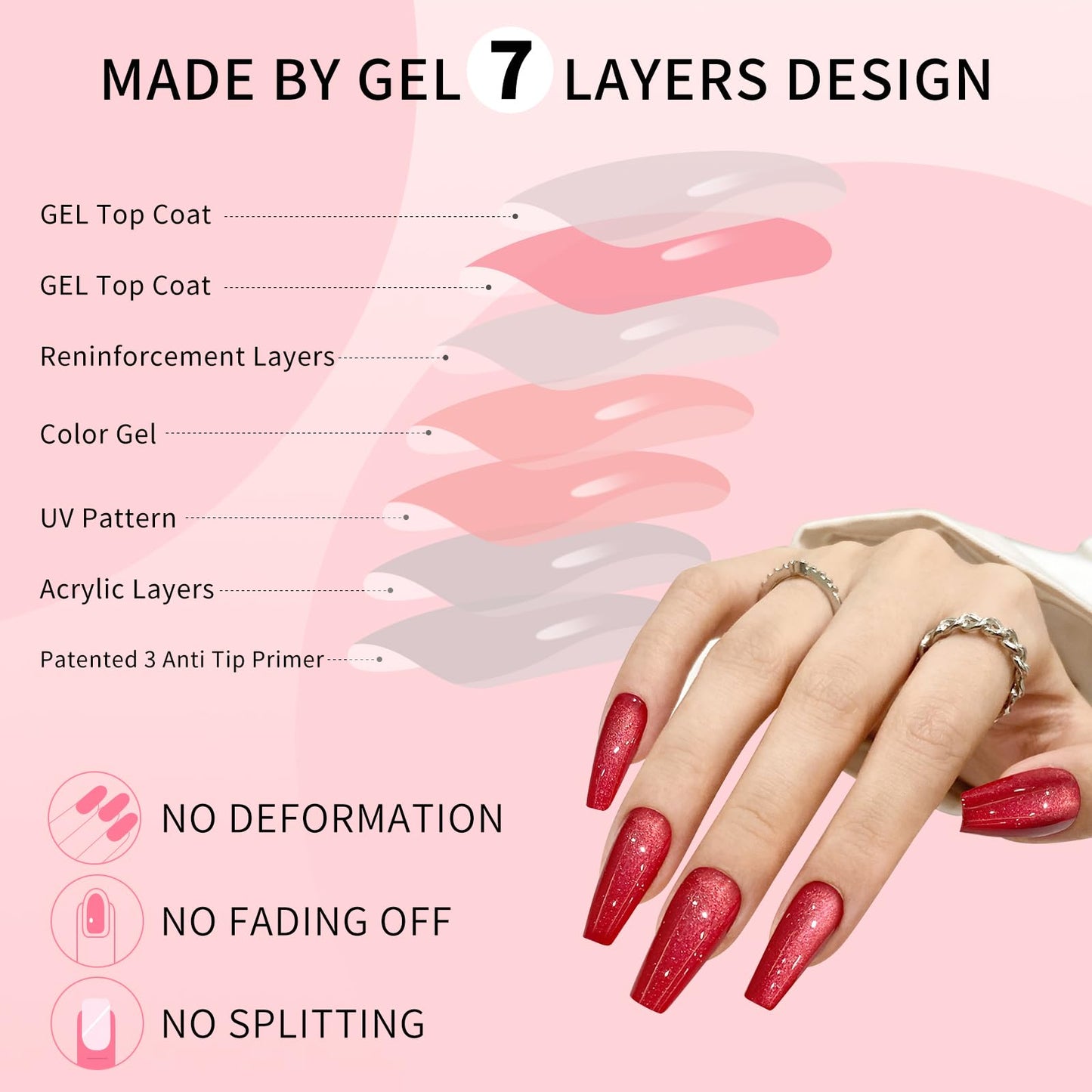 Dark Red Cat Eyes Press On Nails,12 Sizes-24 Pcs Soft Gel Red Medium Coffin Fake Nails Kit with Nail Glue, Natural Reusable Stick On False Nails for Women and Girls SK1000