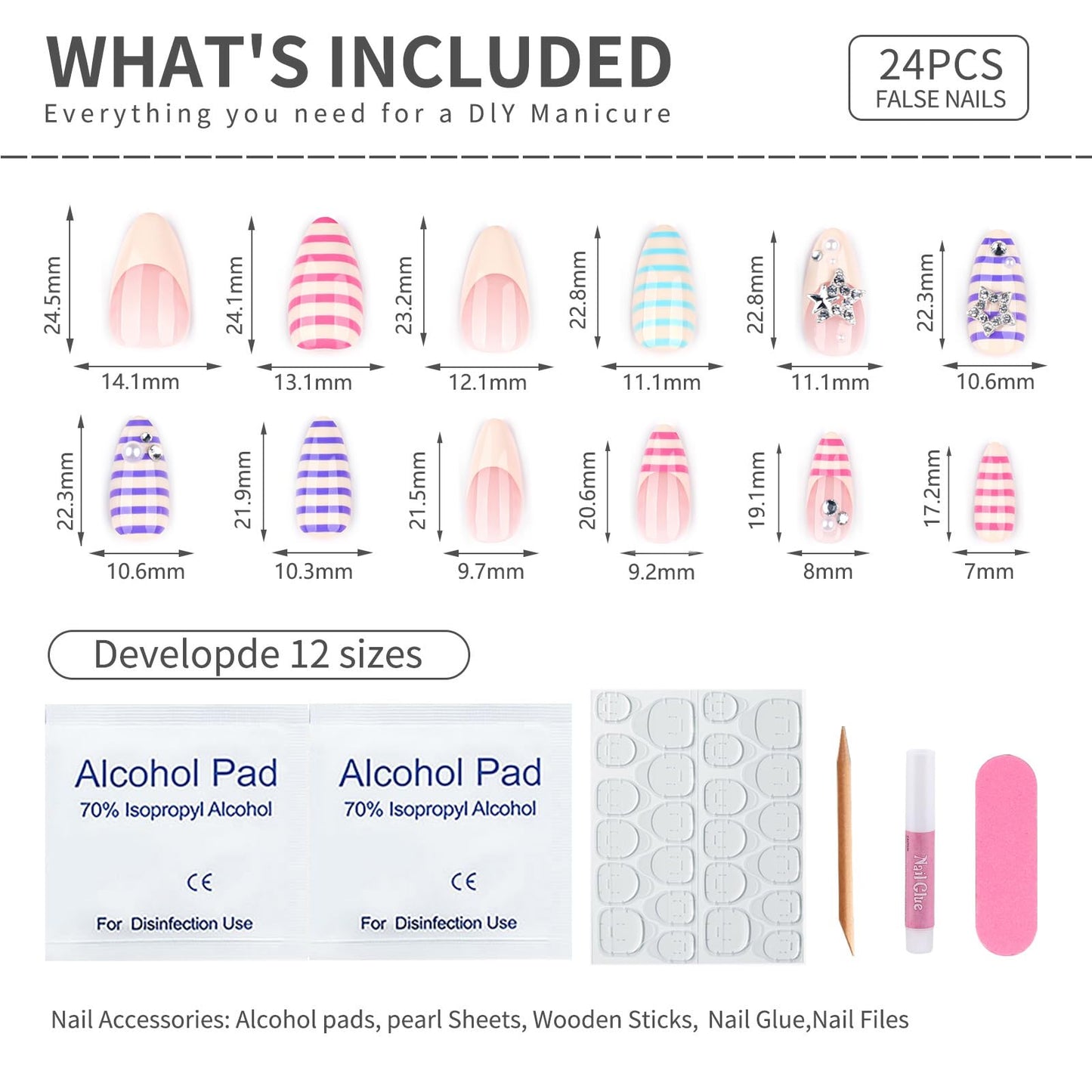 Mivota Soft Gel Press On Nails Medium Almond Colorful Stripe Design with 3D Star & Pearl, Reusable Glue On Fake Nails for Women, Cute Y2K Salon Manicure Set 24PCS