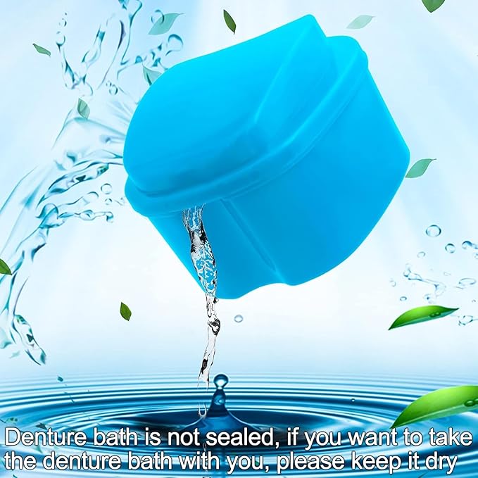 Keedolla Denture Cup Orthodontic Retainer Case, Denture Bath Box Dental Mouthguard Case Cleaning with Brush, Strainer Basket and Lid Waterproof - Blue