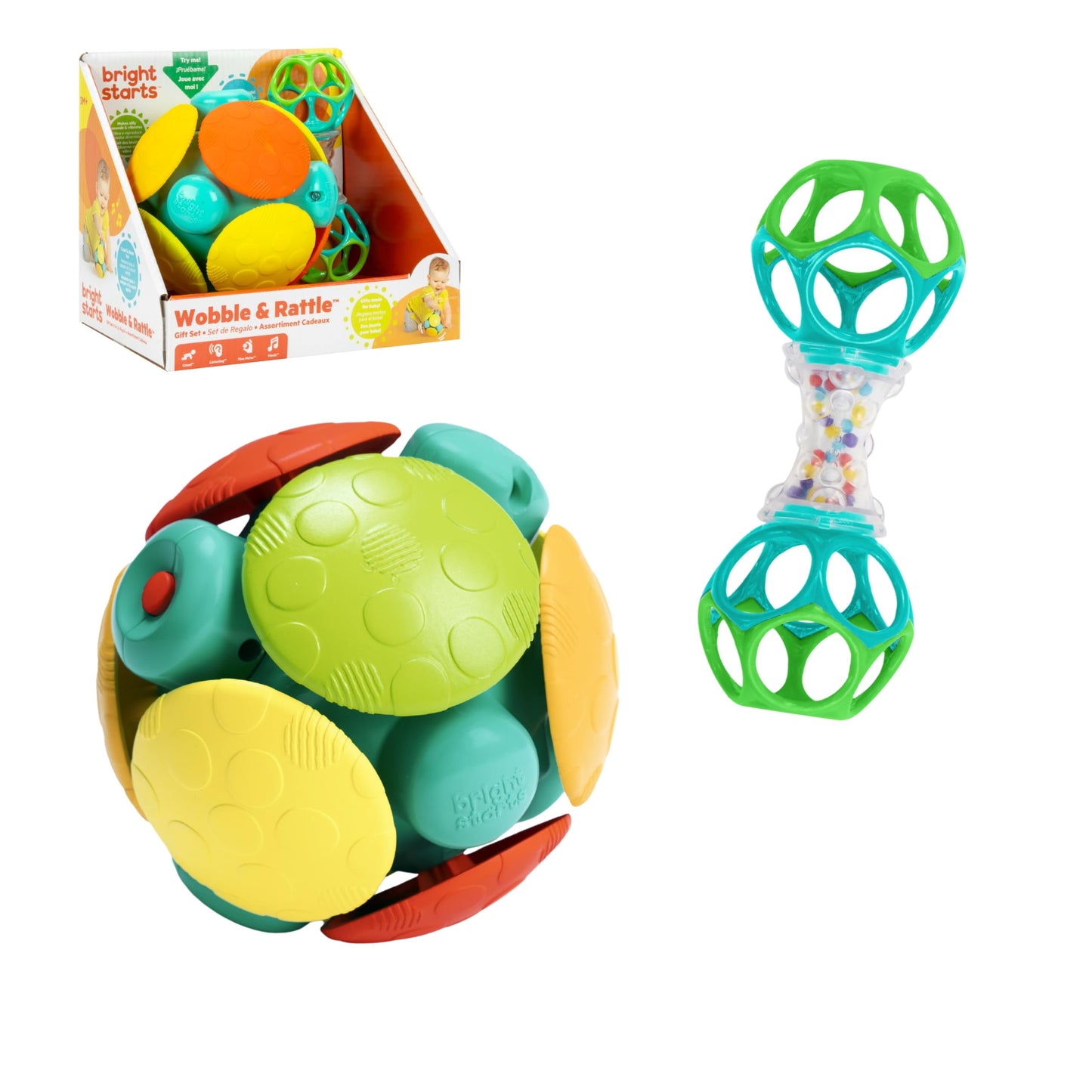 Bright Starts Wobble & Rattle Gift Set 2-PK Baby Toys, Rattles & Ball Toys, Crawl & Chase, Cause and Effect Learning, Unisex, 3-6 Months and Up
