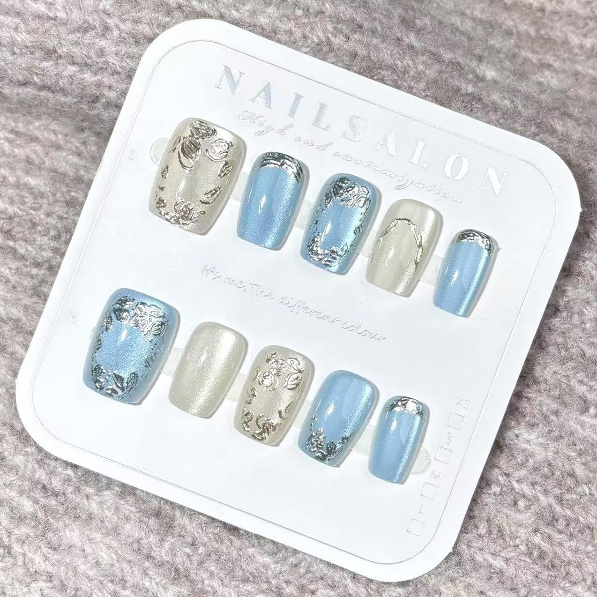 Square Press on Nails Short Fake Nails with 3D Gold Silvery Flowers Design Glitter Blue French False Nails Glossy Acrylic Glue on Nails Full Cover Spring Floral Stick on Nails for Women 30Pcs