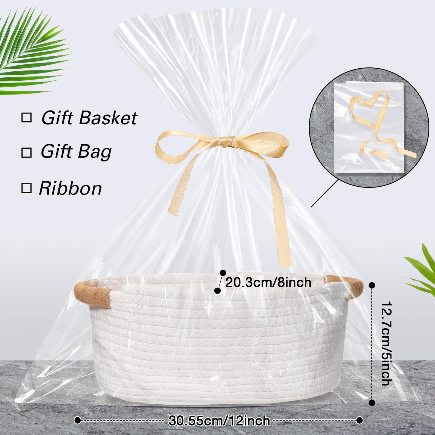 Colingmill Graduation Woven Gift Basket with Gift Bags and Ribbons 12"x8"x5" Empty Cotton Rope Storage Basket for Birthdays Wedding DIY Present(White)