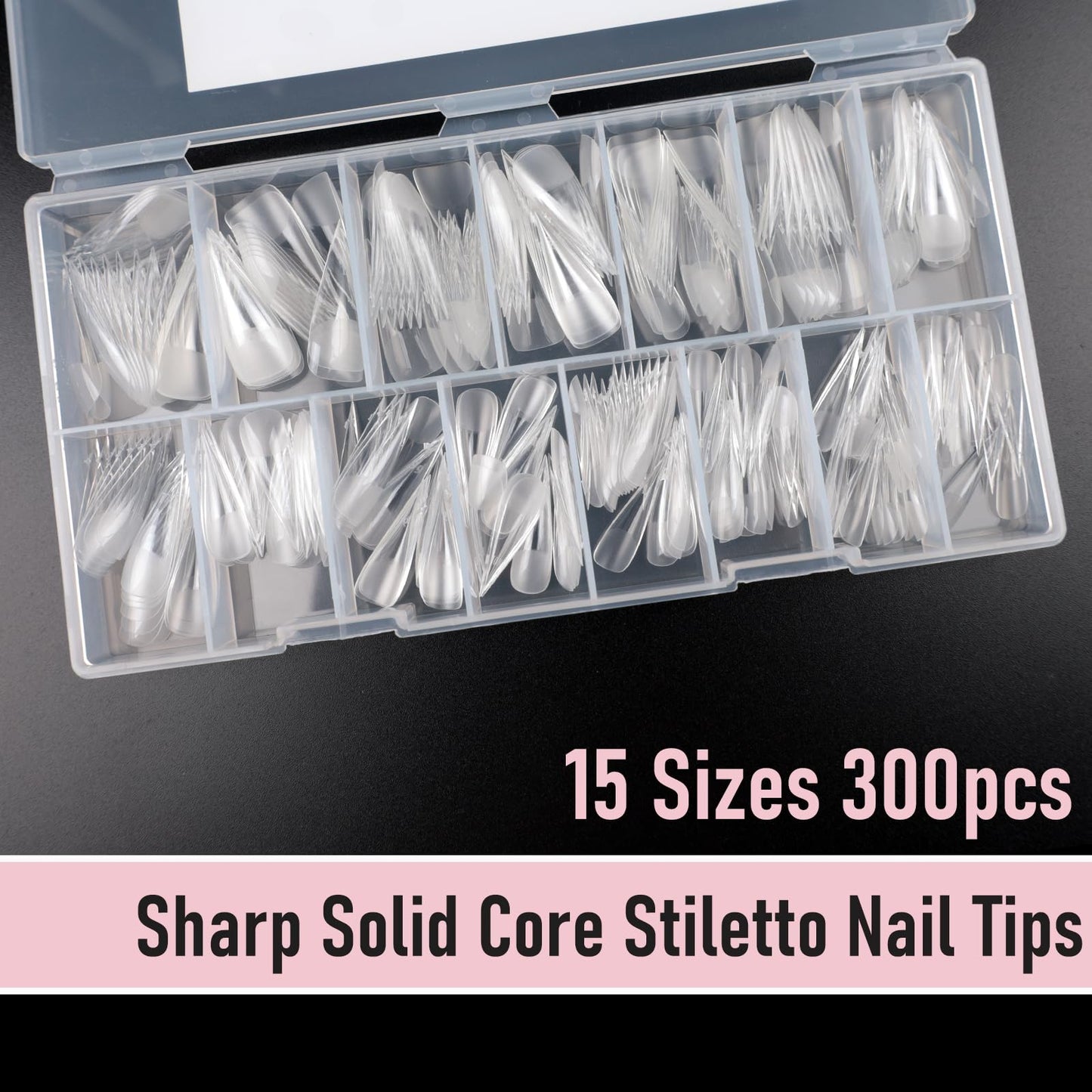 Wellquinn Gel Nail Tips Sharp Solid Core Stiletto Long, 300pcs 15 Sizes, Pre-Etched Half Matte Full Cover Soft Gel Nail Tips, Clear Press on False Nail Extension Acrylic Fake Nails, Easy DIY Salon Art