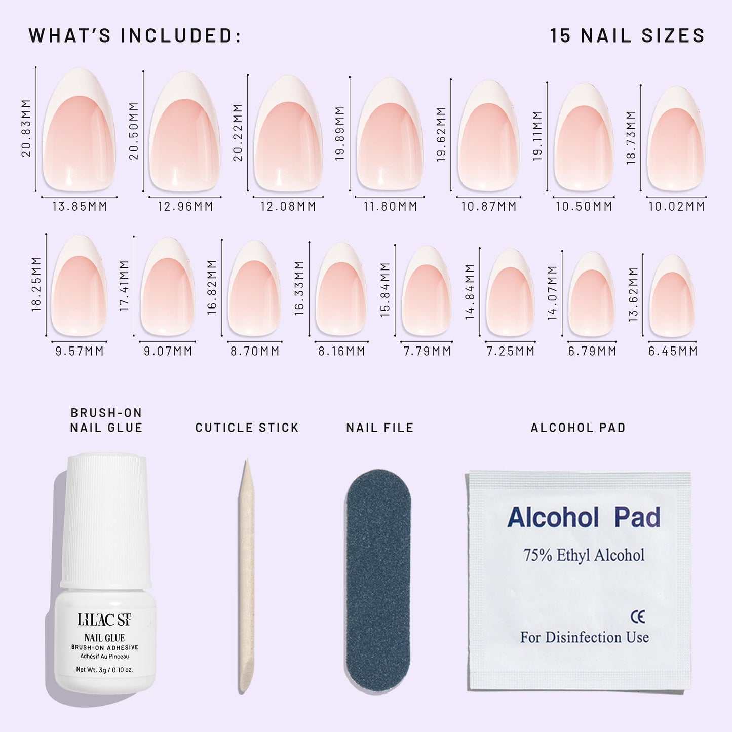 Lilac St - Press on Nails, Boudoir (30 Nails, 15 Sizes) - Medium, Almond, Glossy, Opaque - Brush On Nail Glue, Nail File, Cuticle Stick, Prep Pad - Cruelty Free, Vegan, Women Founded