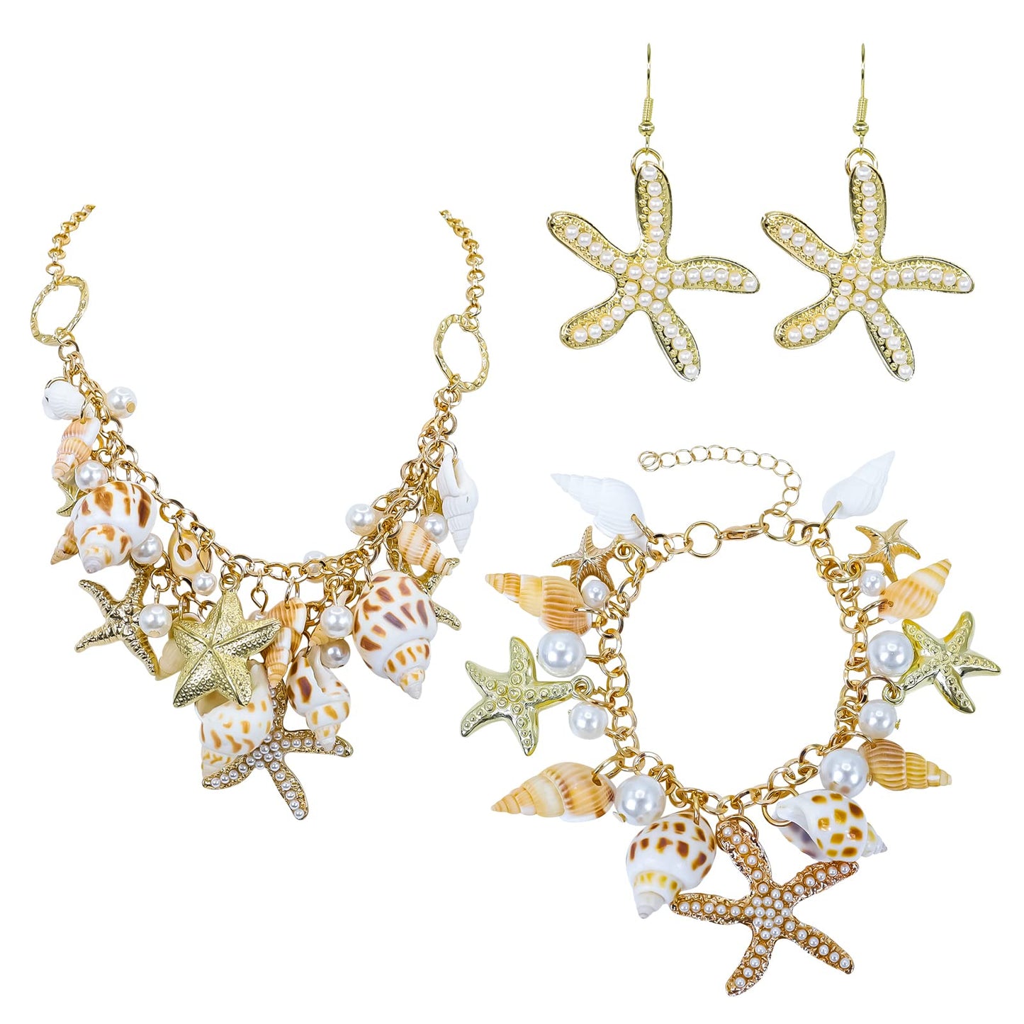Halawly Shell Necklace Choker - Mermaid Tail Fashion Sea Starfish Faux Pearl Collar Bib Statement Chunky Pendant Set