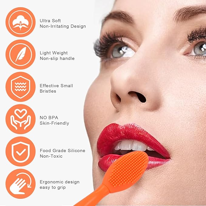 Lip Scrub Brush,Double-Sided Silicone Exfoliating Lip Brush Tool for Smoother and Fuller Lip Appearance,Orange,2pcs