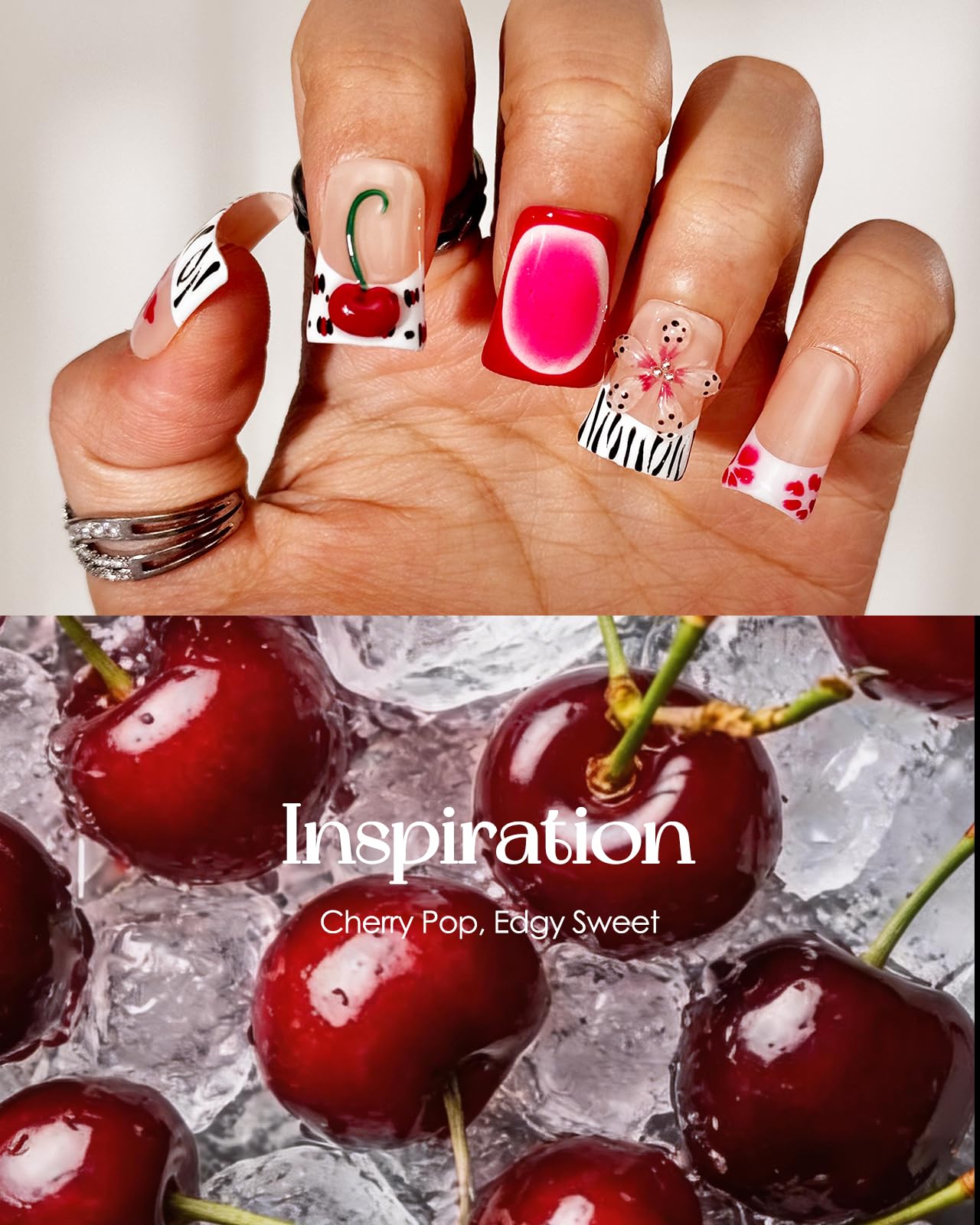 Buleens Handmade Press on Nails Acrylic Duck Nails-10pcs Short Playful Y2K Cherry Zebra 3D Fake Nails Kits with Glue