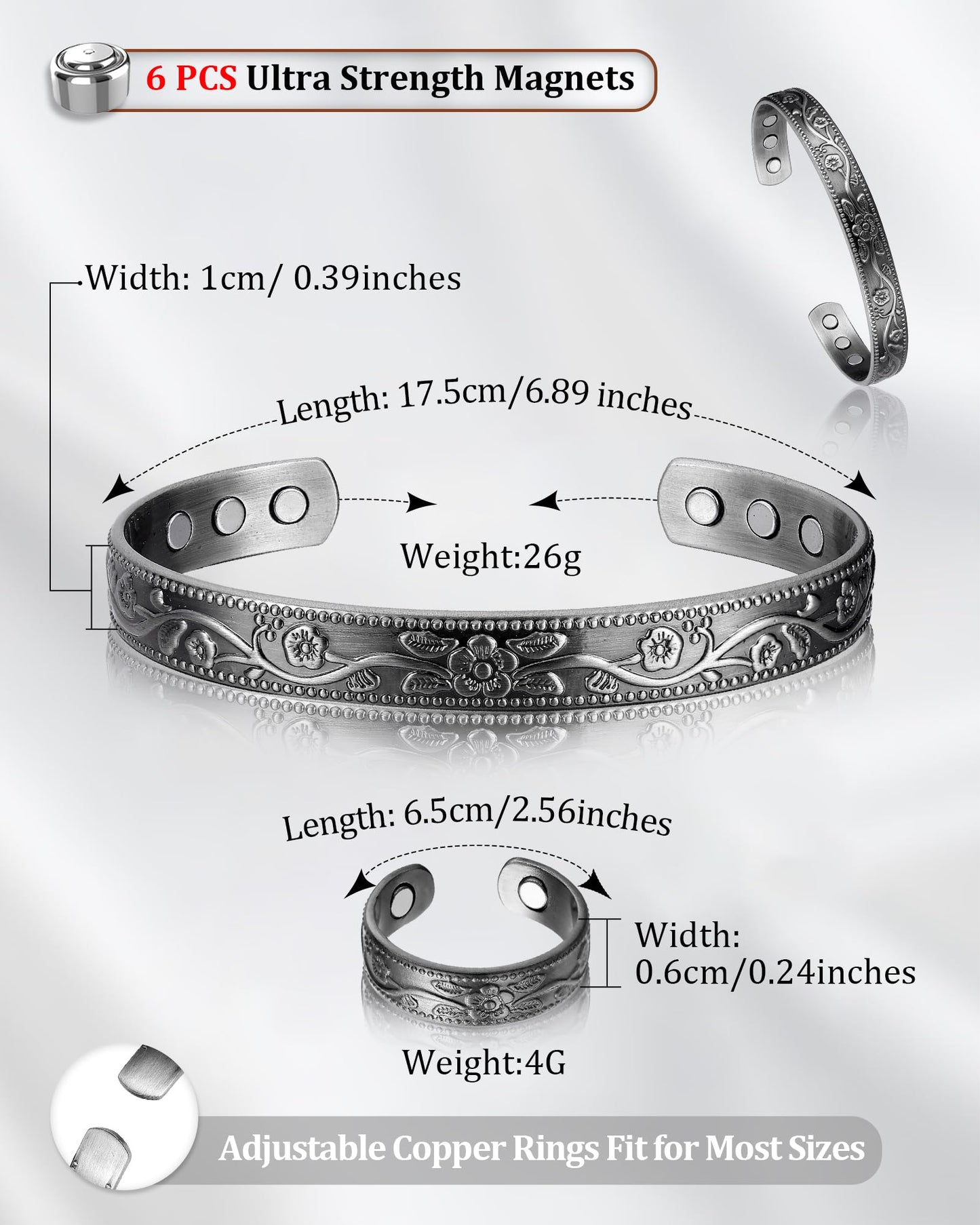 BioMag Copper Bracelet & Ring for Women, 99.99% Pure Copper Magnetic Bracelet Lymphatic Drainage Rings with 3500 Gauss Magnets, Adjustable & Flower Pattern (Antique Silver-A)