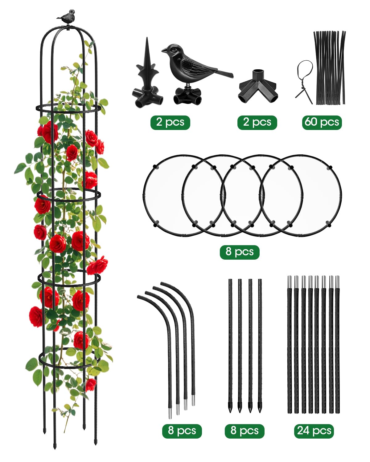 2 Pack Garden Obelisk Trellis for Climbing Plants Outdoor, 6.2 FT Tomato Cage, Rose, Flowers, Grape, Pea, Cucumber Trellis, Rustproof Plastic Coated Metal Plant Support Trellis for Potted Plants
