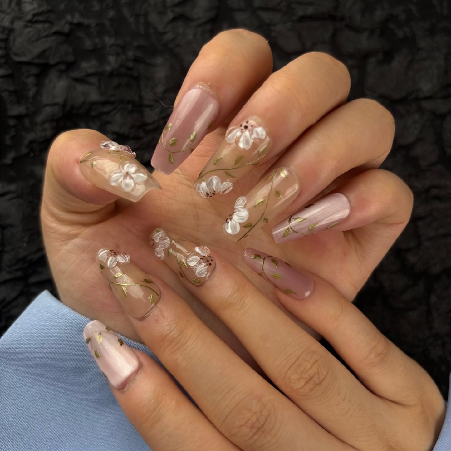AKA Unicorn Trendy Handmade Press On Nails Medium Coffin Shape,10Pcs Hand Painted Acrylic Fake Nails with 3D Flower Charm Design Clip On Nail for Woman Gift
