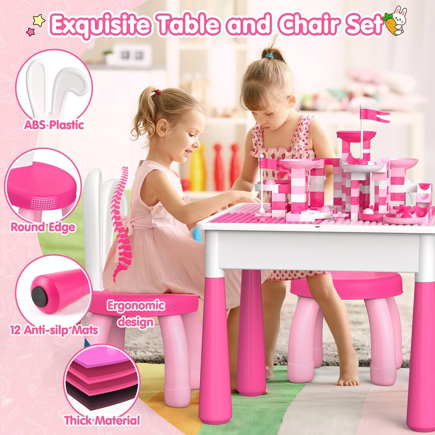 OCATO Kids Toddler Table and Chair Set: Water Table Activity Tables with 152Pcs Large Marble Run Building Blocks 2 Rabbit Chairs Storage All in One Play Sensory Sand Tables 3-6 Year Old Girl Toy Gift