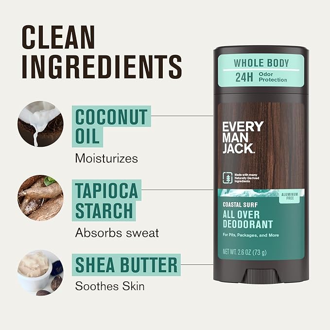 Every Man Jack All Over Deodorant - 24 Hour Whole Body Odor Protection - Aluminum Free - Coastal Surf Scent 2.6 oz (1 Pack)