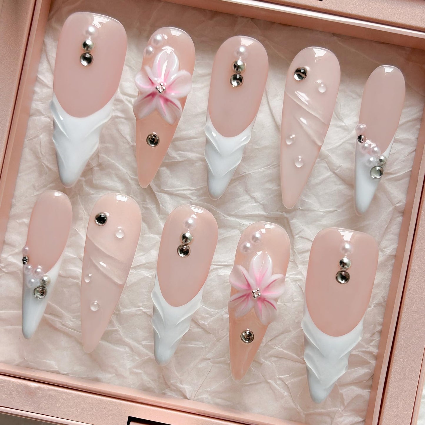 Medium Press On Nails - Handmade 3D False Nails Long Stiletto 10 Pcs ReusableABS Material Finger Painting Nail Tip French Salon Design (Size M)