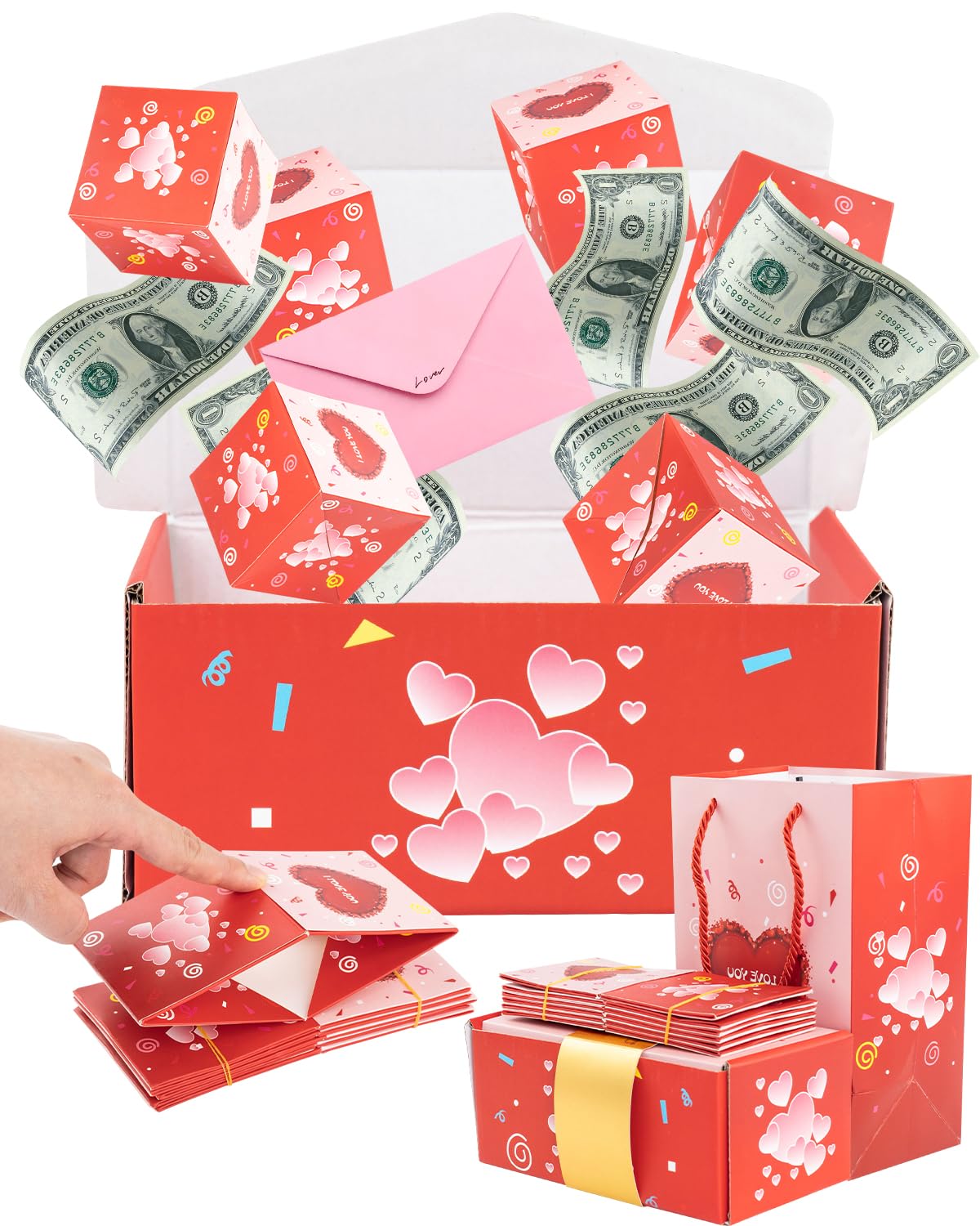 ASSRECT Exploding Gift Box -Valentine's Day, BirthdaySurprise Box Pop Up with 12 Money Holders, ReusableDate Gift Box for Valentine's Day, Cash, Gifts, Birthday, Party supplies (Pink)