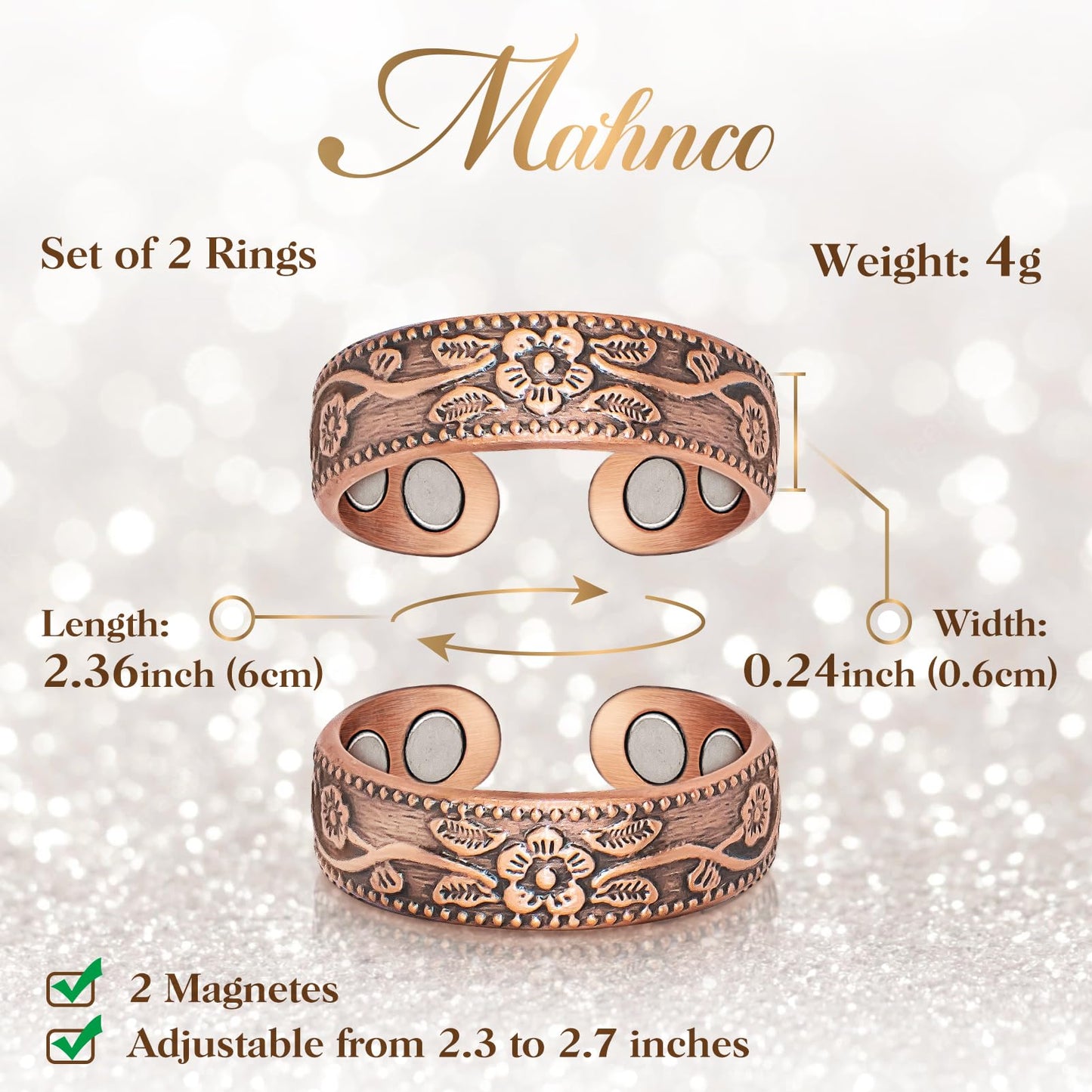 Mahnco Magnetic Copper Rings for Women Magnetic Rings 3500 Gauss Magnetic Lymph Detox Magnetic Ring-100% Solid Pure Copper Jewelry Gift (2PCS)