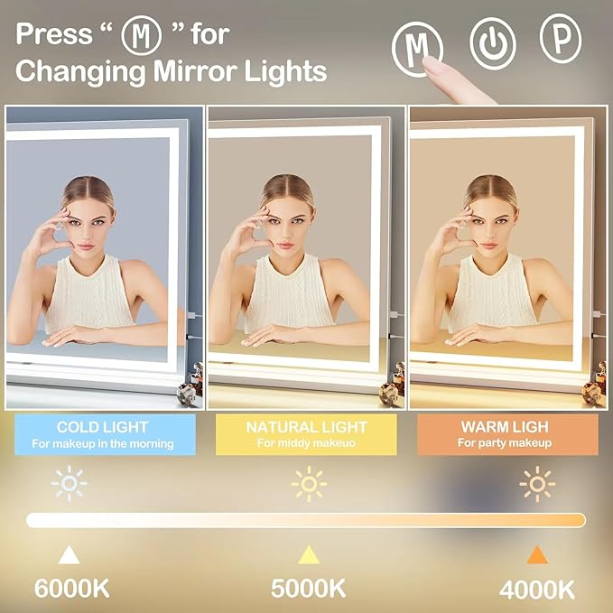 Makeup Vanity Mirror with USB Charging Port 28" x 22" Large LED Makeup Mirror, Desk Mirorr with Lights, Light up Mirror with 10X Magnification and, Dimmable 3 Modes, Touch Control White