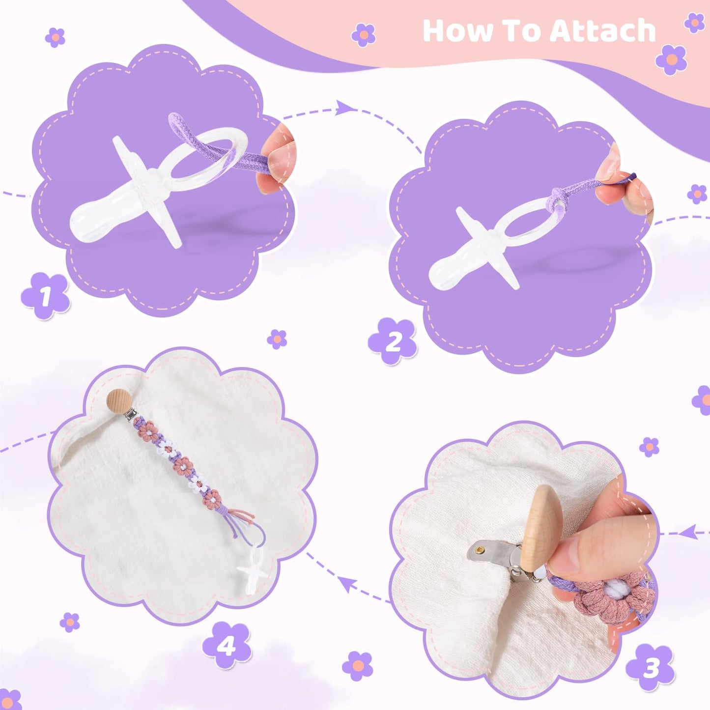 Symbolife Pacifier Clip for Boys Girls Floral Daisy Macrame Baby Paci Clip Pacifier Holder Leash Boho Wooden Clips Handmade Braided Cotton Binky Clips (2pack:Lavender Style × 2)