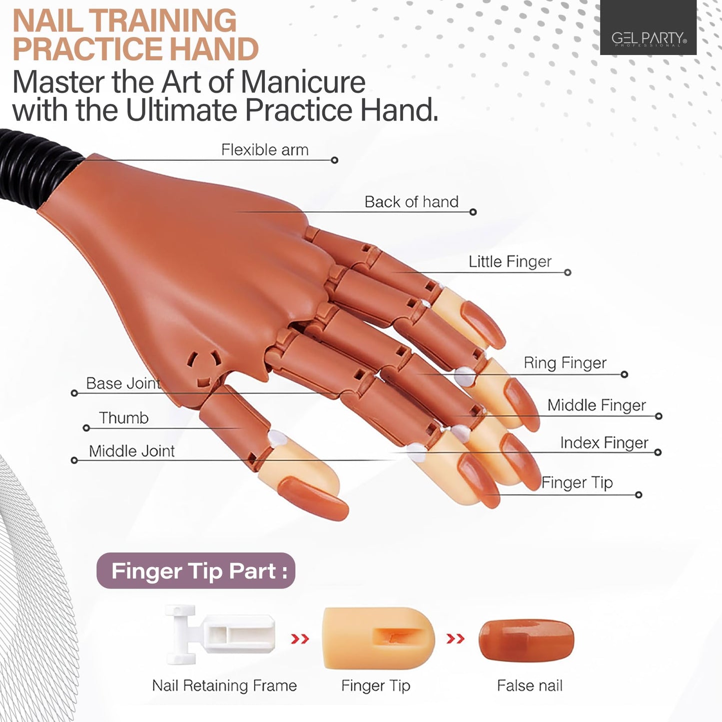 GELPARTY Flexible Nail Practice Hand with Table Clamp – Professional Manicure Training Hand for Acrylic & Gel Nails – Includes 100pcs Replacement Brown Tips, Adjustable & Reusable (Basic Hand Set B)