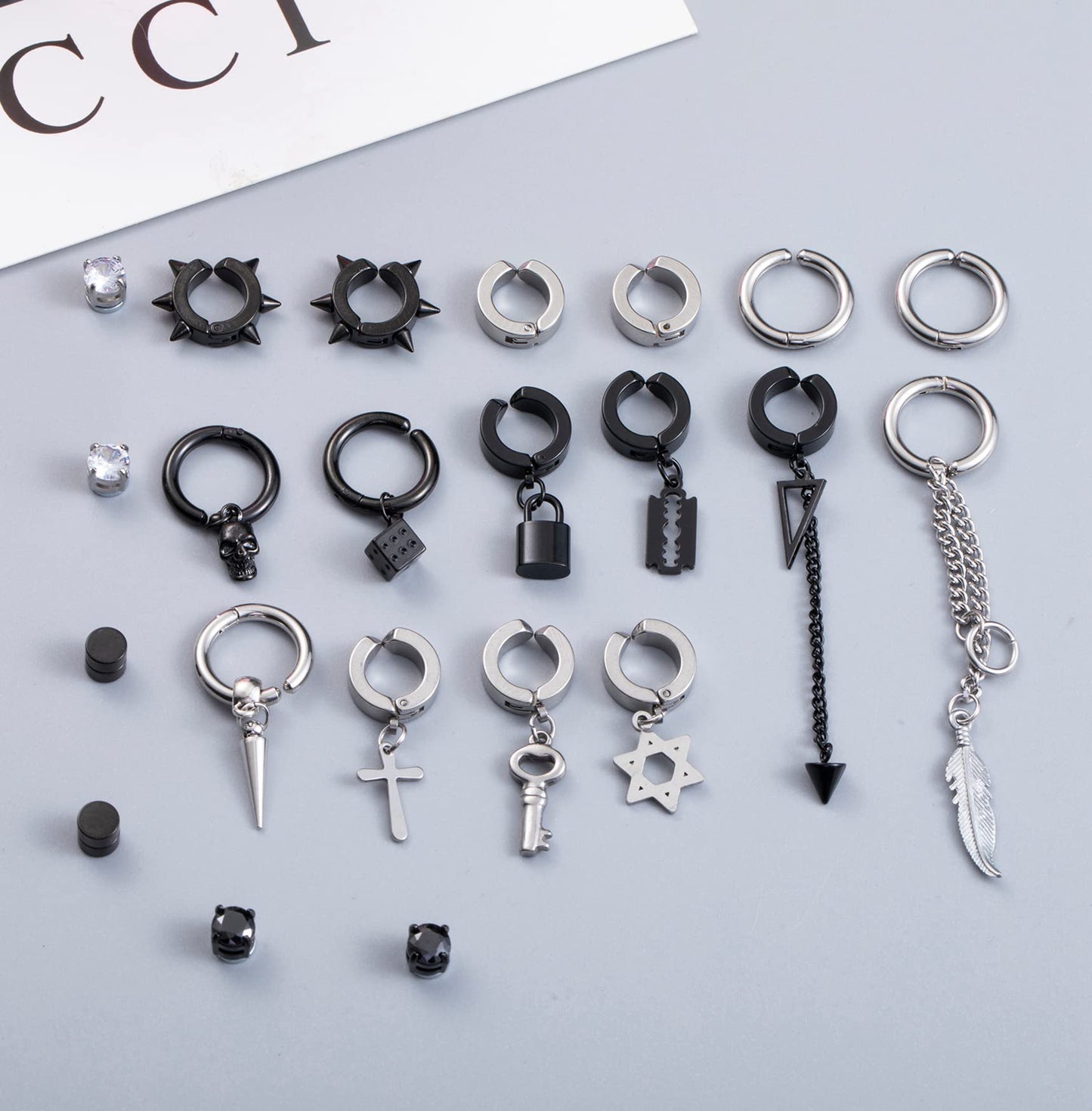 YOVORO 22Pcs Stainless Steel Non Pierced Earrings for Men Women Non-piercing Stud Earrings Dangle Hoop Earrings Clip On Earrings Punk Huggie Earrings Set Silver