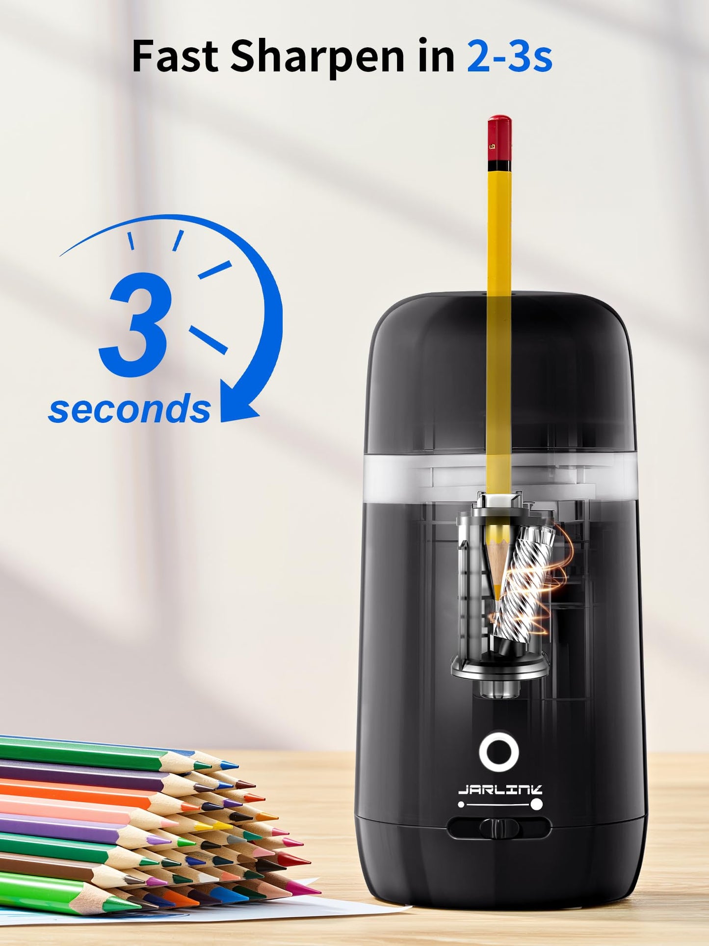 JARLINK Automatic Electric Pencil Sharpener - Hands-Free Operation, 3 Sharpness Modes, 3-Second Sharpening, Rechargeable & Portable for 7-12mm Pencils, Ideal for Classroom and Home Use (Black)