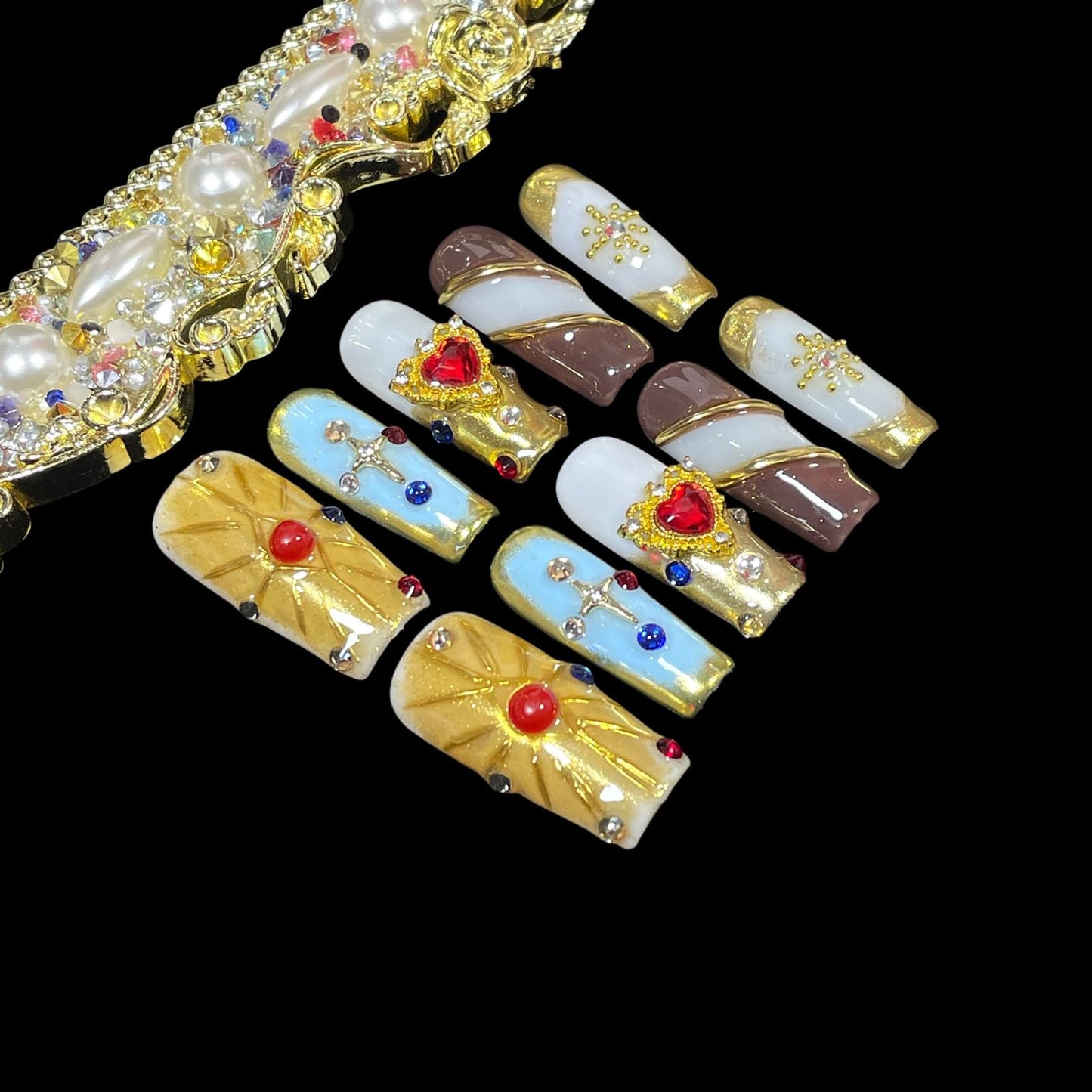 Handmade Press On Nails Middle/Long Square Luxury Acrylic Fake Nails - Vintage Red Heart & Diamond Gold Salon False Nails, 3D Press Ons Gift for Women (Luxury gold, S)