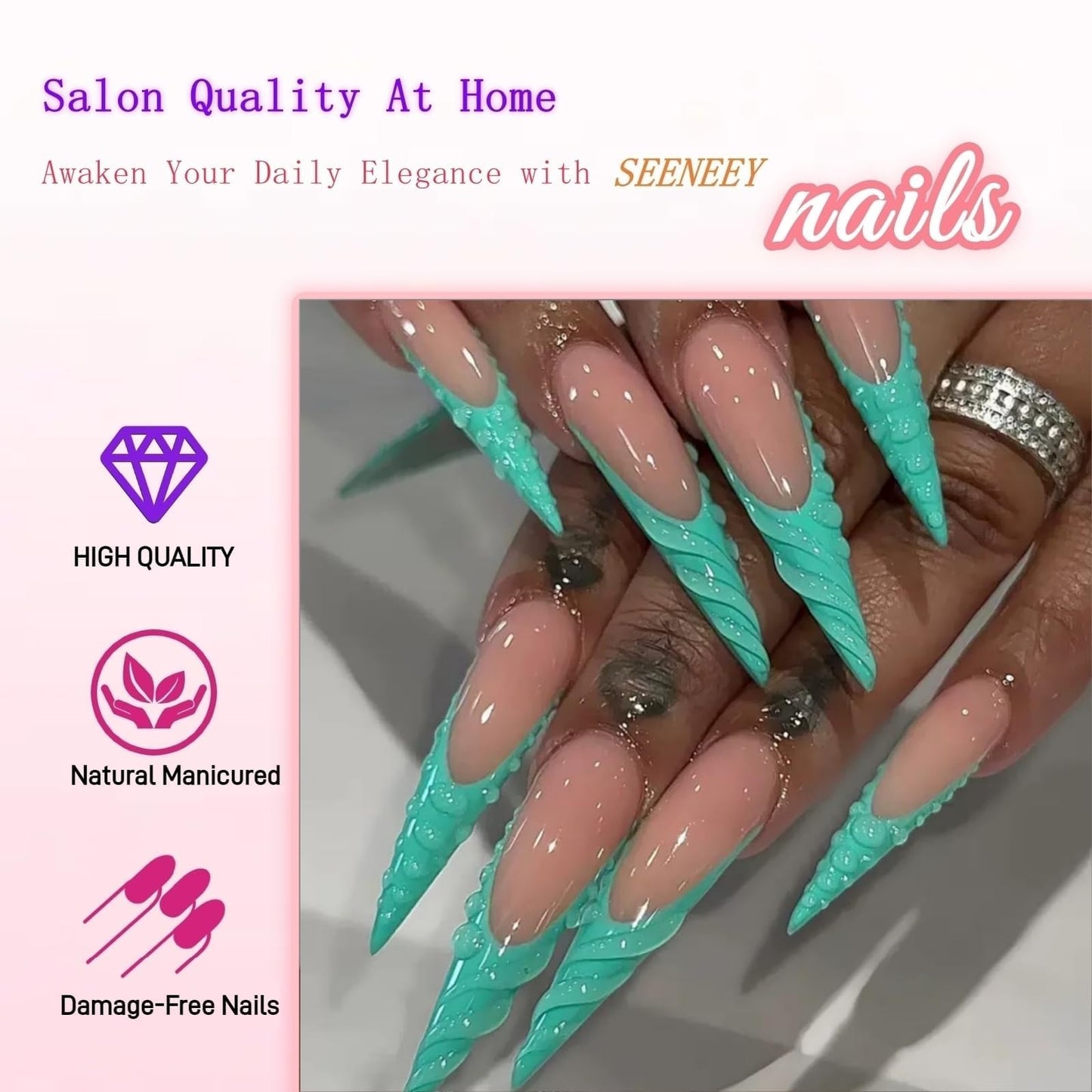 Stiletto Press on Nails Long Fake Nails Green Extra Long Glossy Acrylic Nail Press on French Tip Artificial with 3D Water Droplets Designs Stick on Nail for Women 24pcs