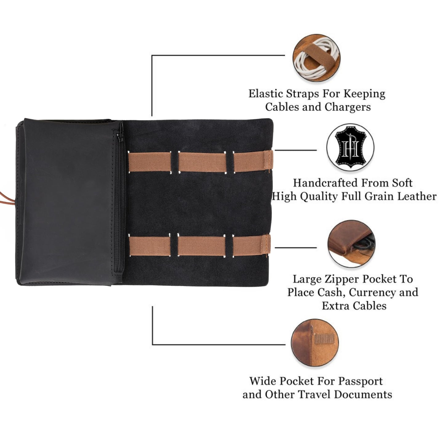 HARDISTON Genuine Leather Electronic Cable Organizer Bag Handmade Travel Cord Organizer Roll Case for Hard Drives, Cables, Charger, Phone, USB, SD Card (Medium - Black)