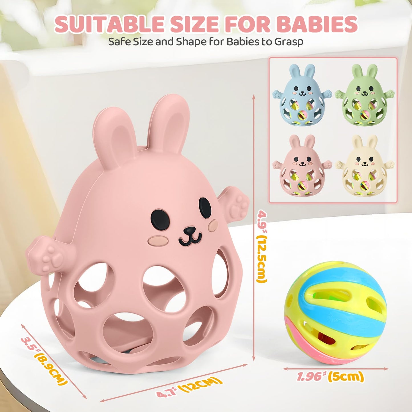 Orzbow Bunny Teether for Baby, Easter Teether with 2 in 1 Rattle & Teething, Easy Grasp Teething Mittens for Babies 3-12 Months, Food Grade Silicone, Newborn Infant Easter Basket Stuffers Gifts, Pink