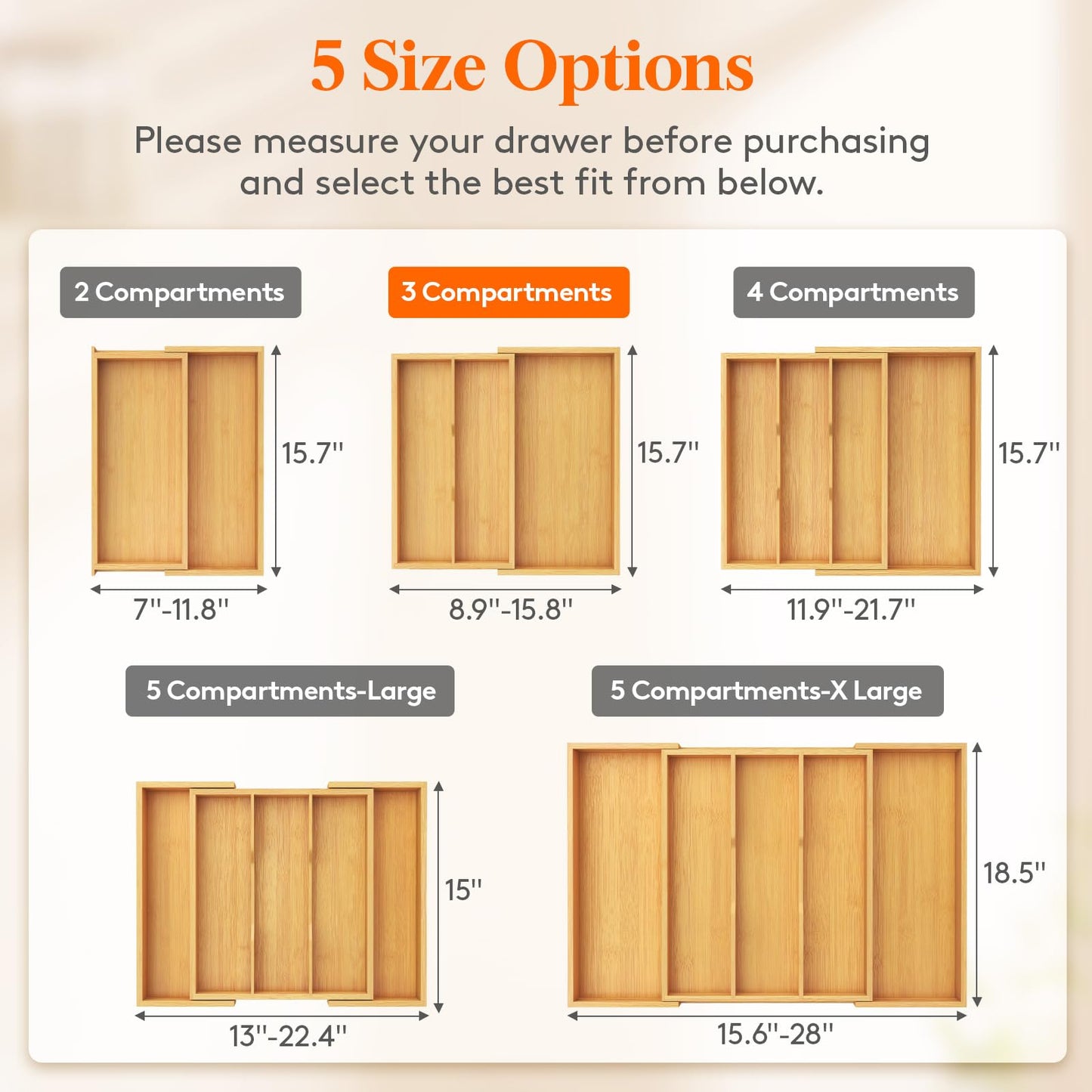 Lifewit Utensil Organizer for Kitchen Drawer, Expandable Cooking Utensil Tray, Cutlery Silverware Flatware Holder, Wood Adjustable Spatula Tools Storage Divider, 8.9-15.8 x 15.75, Natural