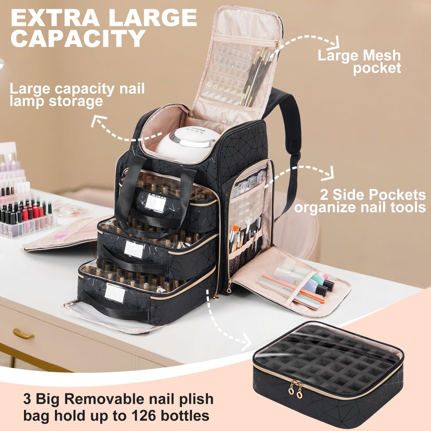 Uross Extra Large Nail Polish Organizer Bag Holds 126 Bottles Nail Polish, Lamp, Supplies- Three Layer Nail Organizers and Storage Case for Nail Tech, Nail Stuff Gel Kit Box Gift for Manicurist,Black