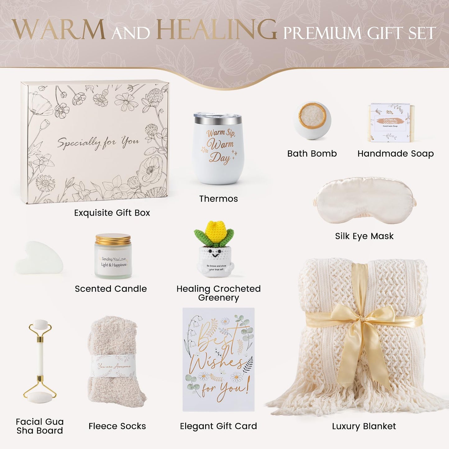 Get Well Soon Gift Basket for Women, 11 Pcs Self Care Package for Girls, Birthday Gifts, After Surgery Gift, Thinking of You Thank You Gift with Spa Gift Set, Crochet Flower & Insulated Tumbler Gifts