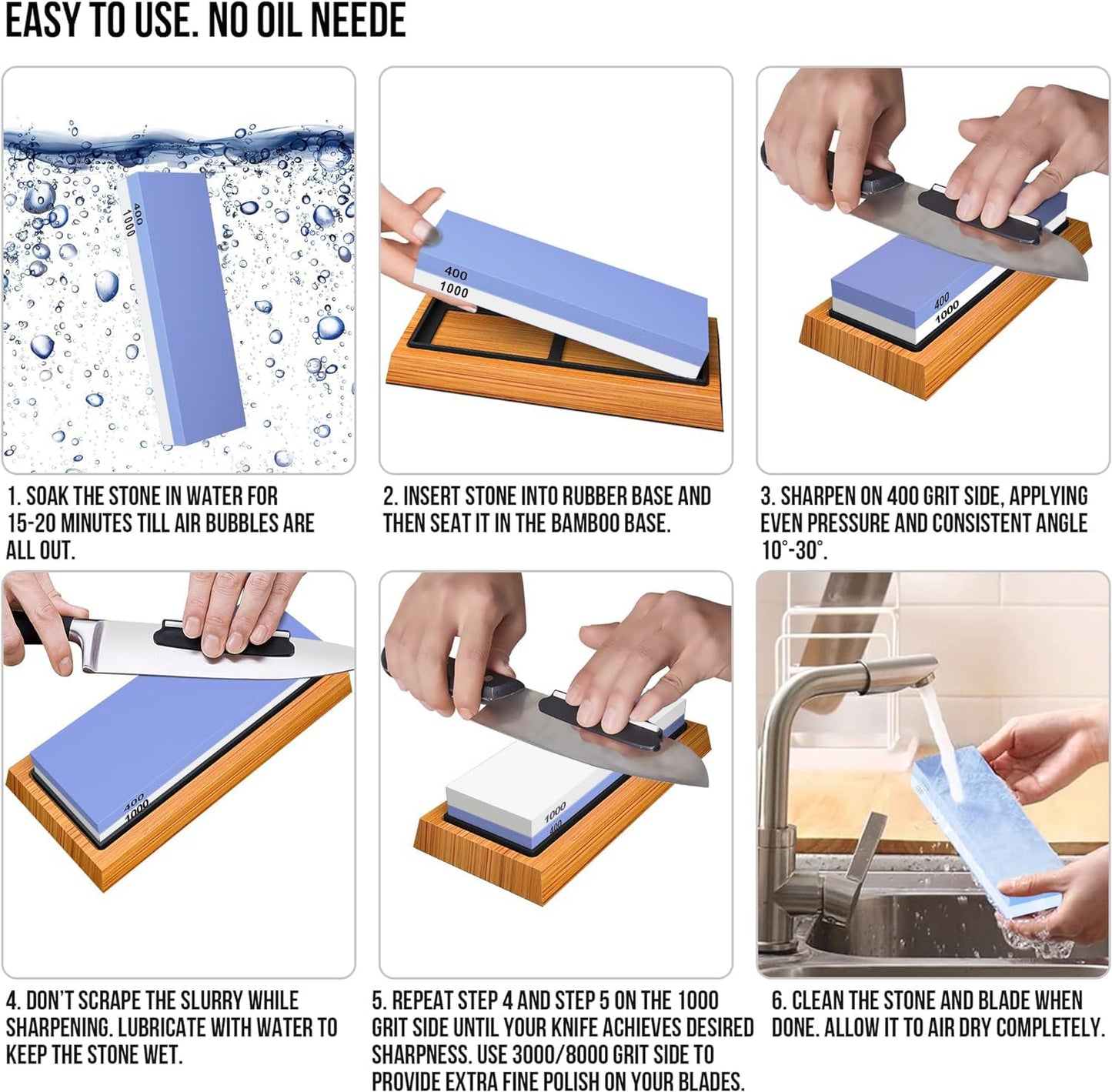 YeopAsda Knife Sharpening Stone Kit, Premium 4 Side Grit 400/1000 3000/8000 Whetstone Knife Sharpener Tool, Non-Slip Bamboo Base,Cut Resistant Gloves, Angle Guide