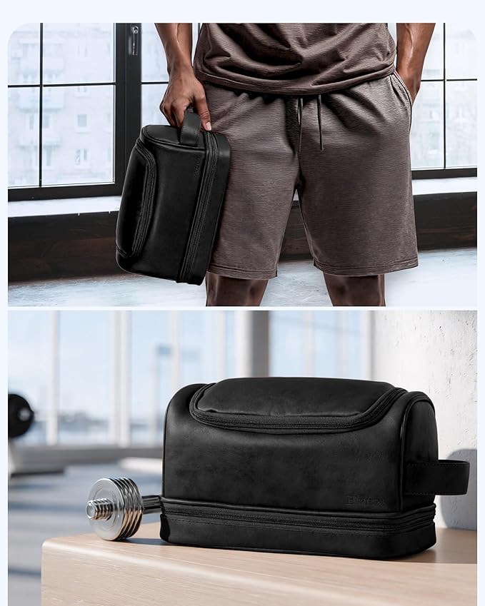 Elviros Toiletry Bag for Mens PU Leather Travel Organizer Kit with Hanging hook, Large Water-resistant Toiletries Bathroom Shaving Bags (Black)