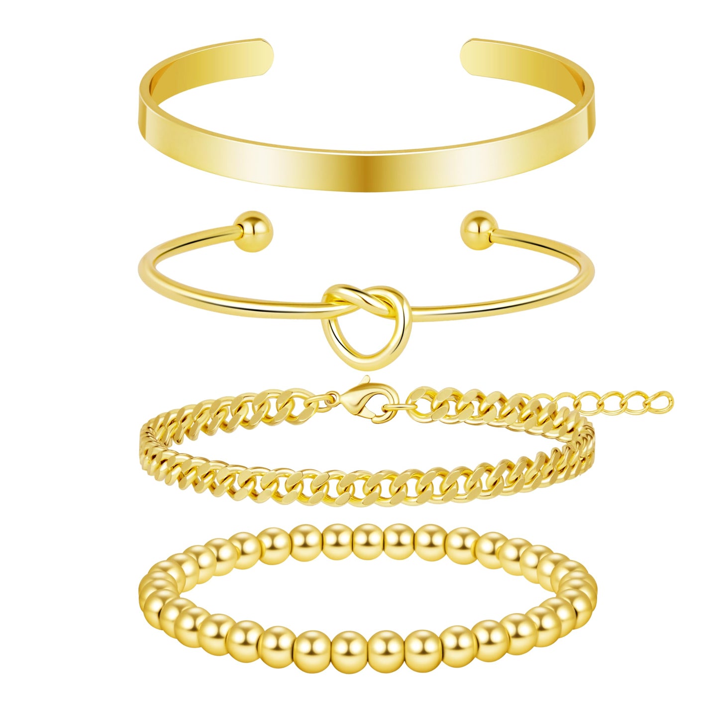 Gold Stack Bracelet for Women, 14k Gold Filled Bangle Cuff Bracelet Stack Dainty Jewelry for Women, Stretch Beaded, Love Knot Cuff, Cuban Chain