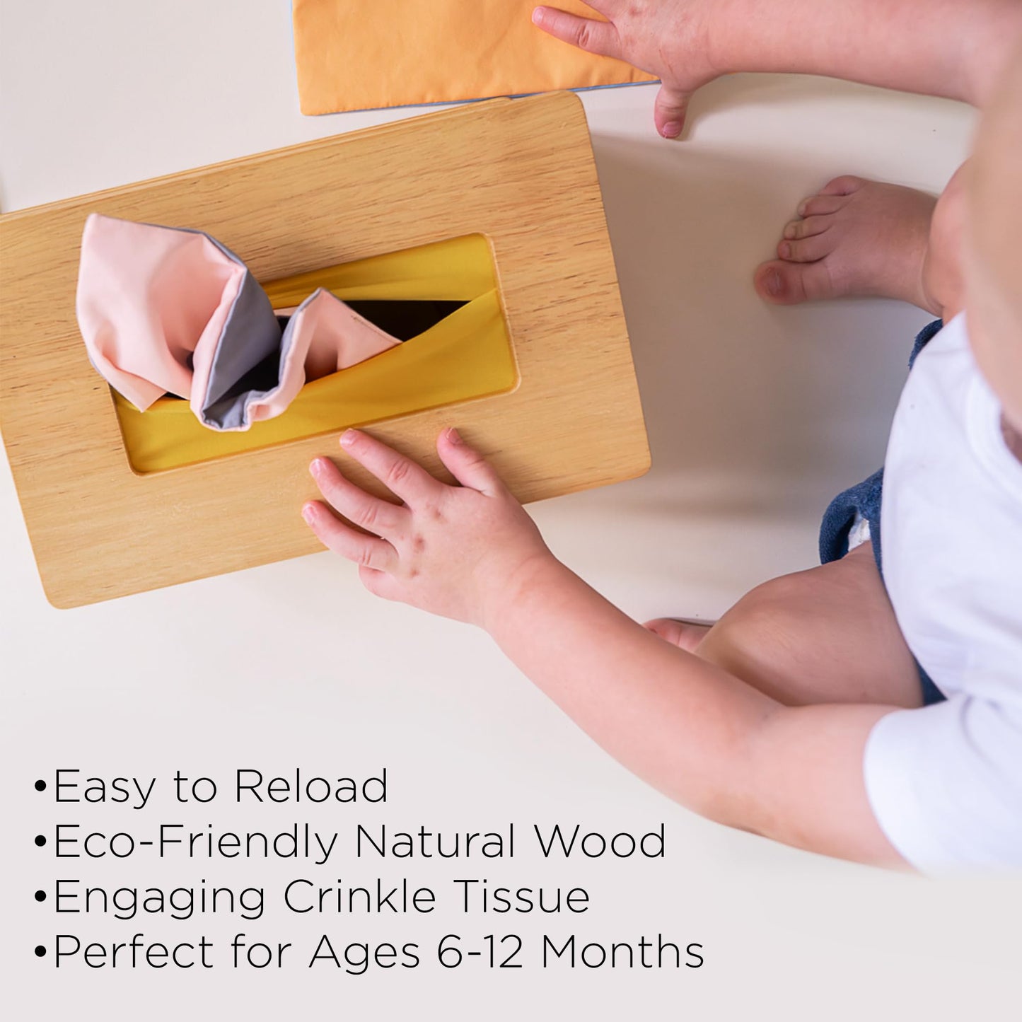 Sensory Tissue Box Toy for Babies 6-12 Months - Montessori Baby Tissue Box with Crinkle Paper, Natural Wooden Toy for Infants