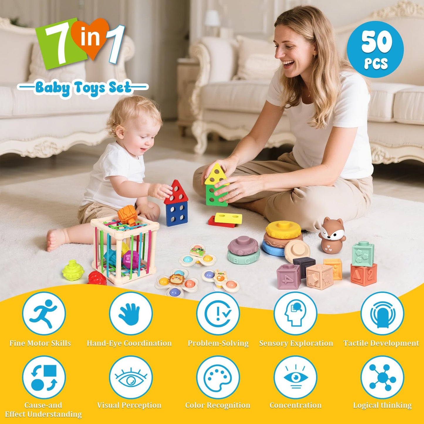 LearnToy Baby Toys 18-36 Months, Montessori 7-in-1 Activity Set - Stacking Blocks, Infant Teething Toy & Sensory Bin, Baby Boys & Girls Gifts