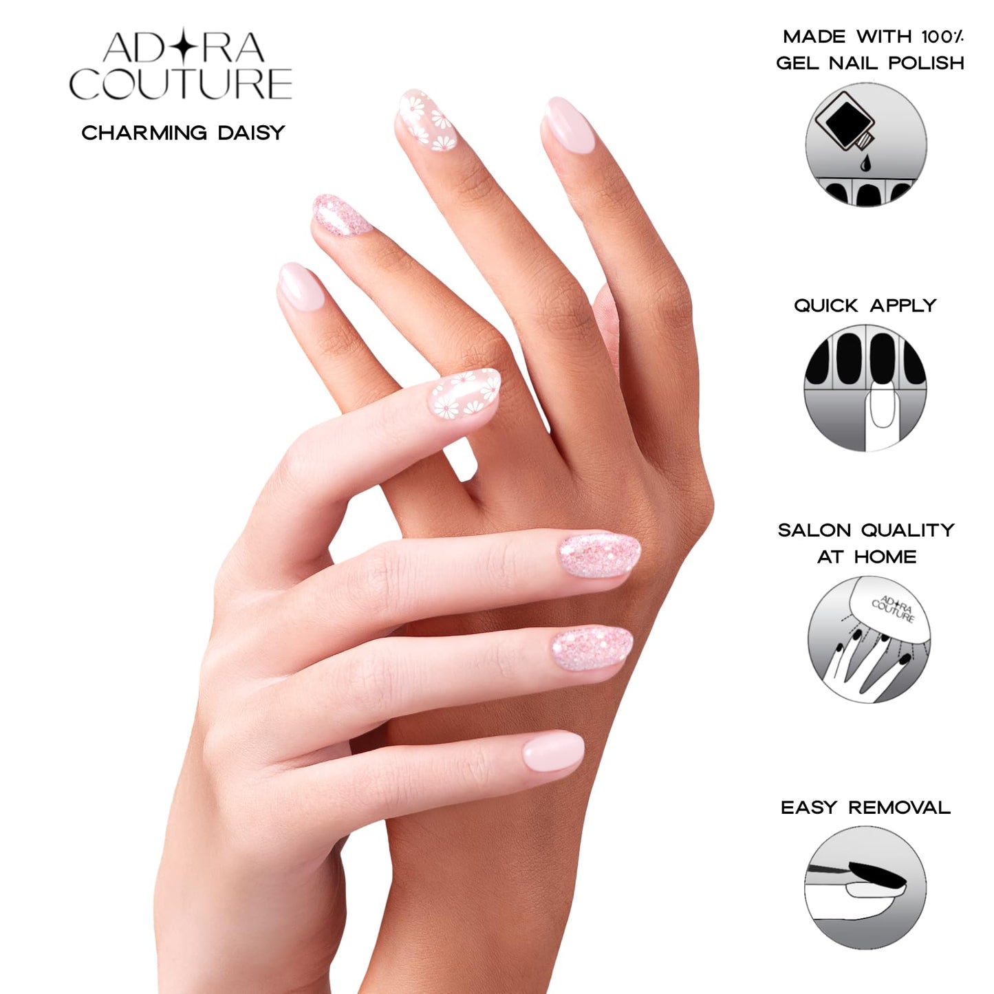Adora Couture Semi Cured Gel Nail Strips with 30 Pieces - Salon Quality Manicure Kit for Women Easy Application Wraps Includes Prep Pads Nail File Wooden Stick, UV Light Required (Charming Daisy)