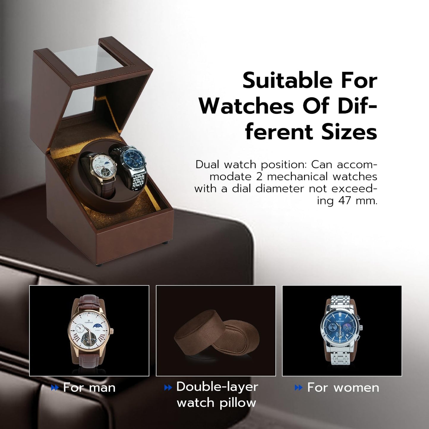 Mcbazel Watch Winder with Led Light, Dual Watch Winder Box for Automatic Watches, Ultra-Quiet Motor, 5 Rotation Modes, Gifts for Men, Beloved, Women - Brown